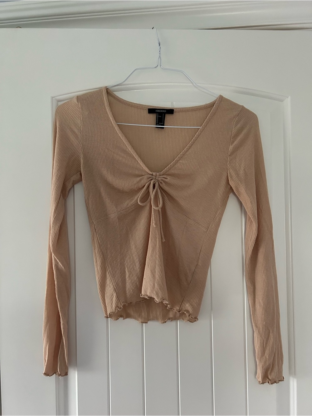 Forever 21 Nude Ribbed Long Sleeve Tie-Front Top
